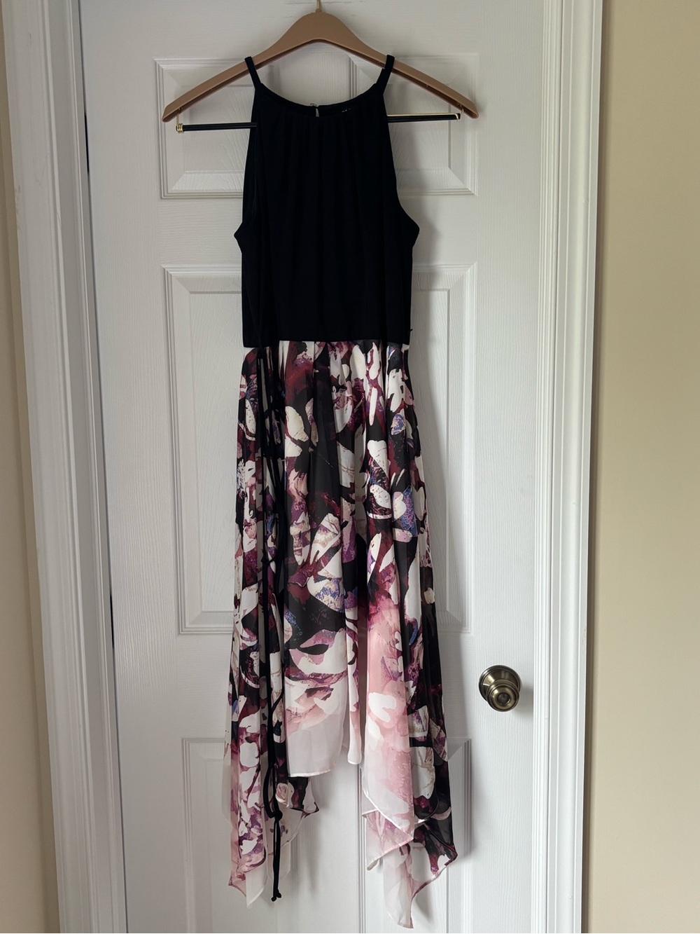 SLNY Asymmetrical Dress - Black and Purple Floral